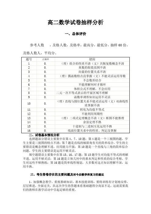 上学期高二数学期末试卷分析