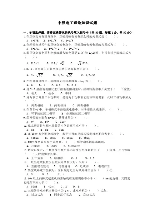 中级电工理论知识试题