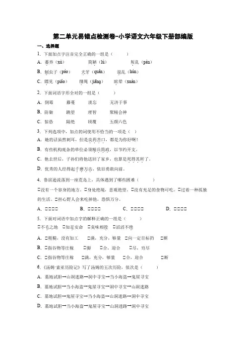 第二单元易错点检测卷-2022-2023学年语文六年级下册(部编版)