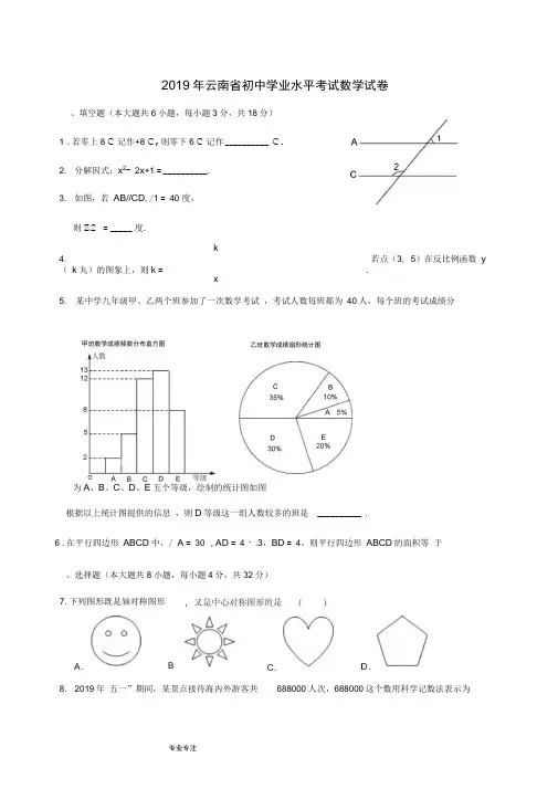 2019年云南省初中学业水平考试数学试题卷(附答案解析)