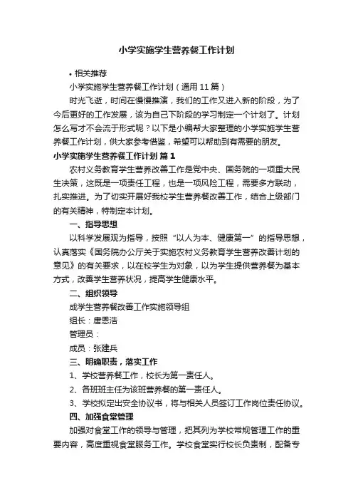 小学实施学生营养餐工作计划