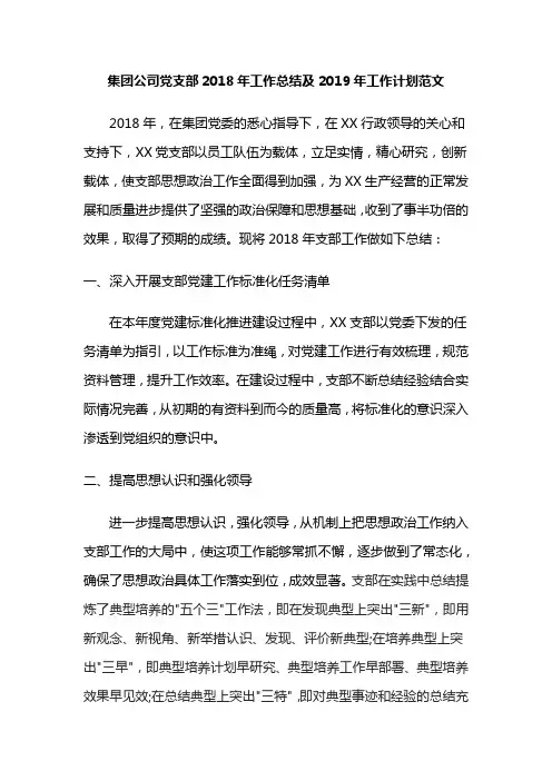 集团公司党支部2018年工作总结及2019年工作计划范文