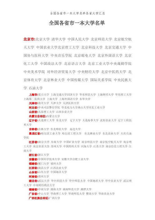 全国各省市一本大学名单各省大学汇总