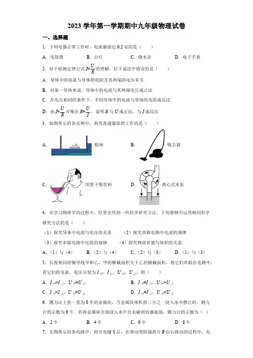 上海市宝山区彭浦初级中学2023-2024学年九年级上学期期中考试物理试卷(含解析)