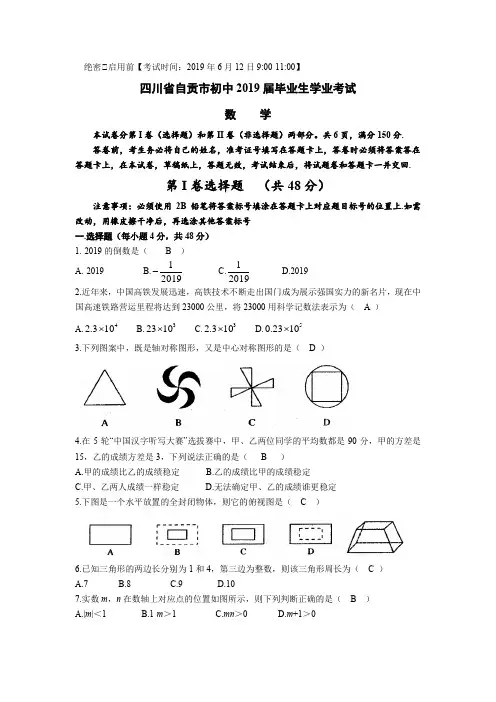 四川省自贡市2019年中考数学试题(Word版,含答案)(全站免费)