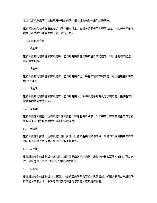 八年级下生物教案第一周：植物细胞与动物细胞的异同点