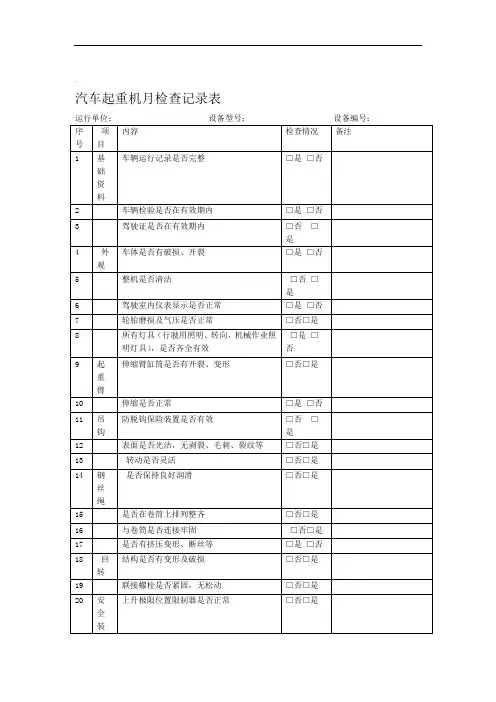 汽车起重机检查记录表月检