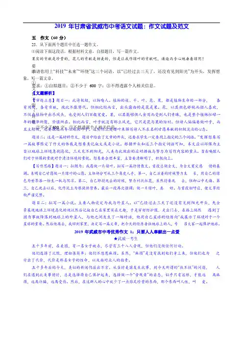 2019 年甘肃省武威市中考语文试题：作文试题及范文