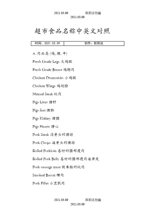 食物食品名称英语词汇大全分类之欧阳法创编