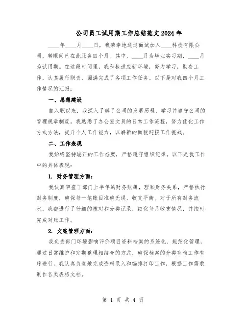 公司员工试用期工作总结范文2024年（3篇）