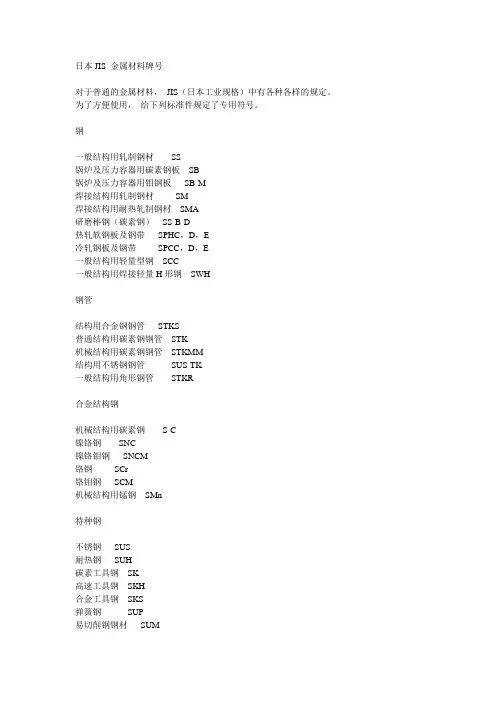 日本JIS 金属材料牌号