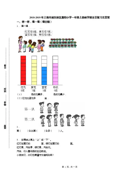 2018-2019年上海市浦东新区晨阳小学一年级上册数学期末总复习无答案