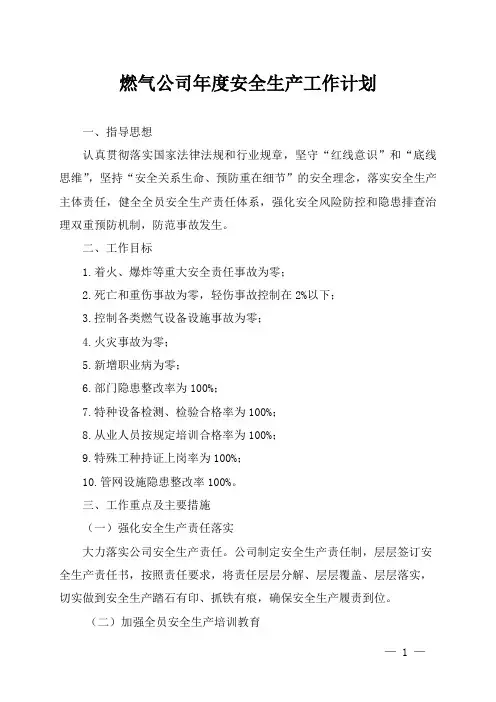燃气公司年度安全生产工作计划