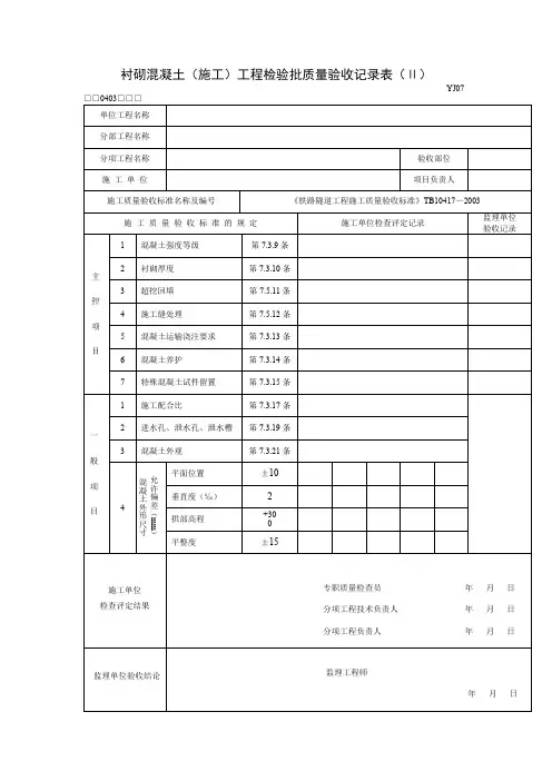 衬砌混凝土(施工)工程检验批质量验收记录表