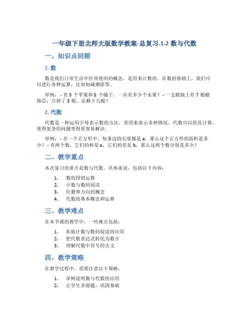 一年级下册北师大版数学教案-总复习.1.2数与代数