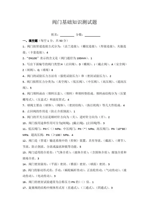 阀门基础知识测试题 及答案(工艺)