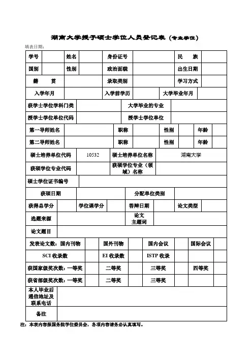 湖南大学授予硕士学位人员登记表(专业学位)
