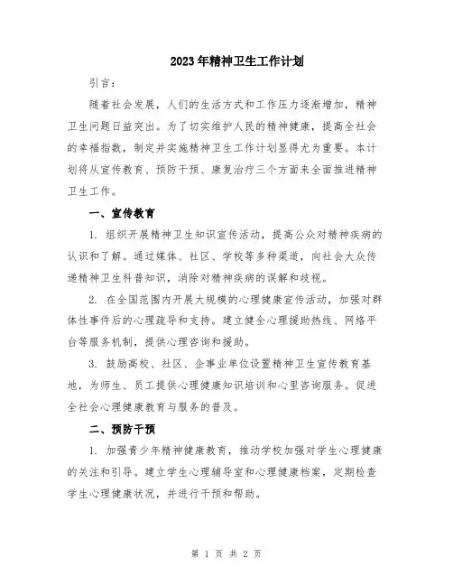2023年精神卫生工作计划