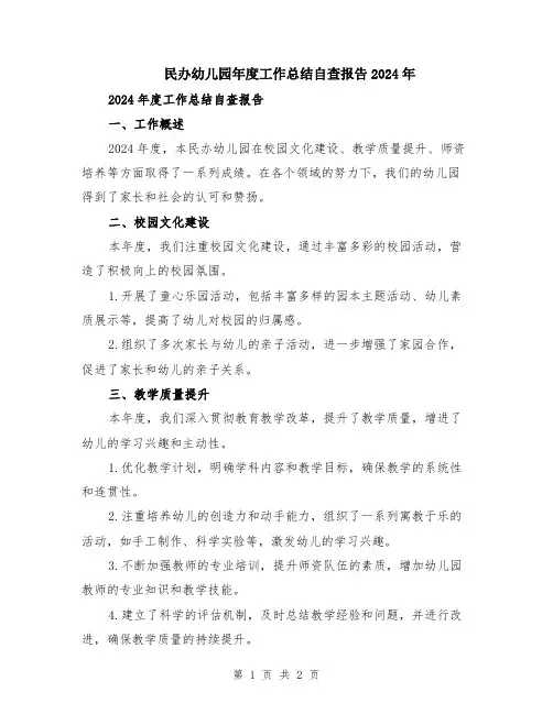 民办幼儿园年度工作总结自查报告2024年