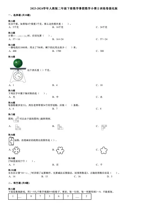 2023-2024学年人教版二年级下册数学暑假数学小博士训练卷强化版
