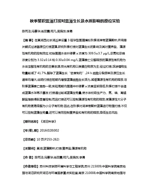 秋季聚积蓝藻打捞对蓝藻生长及水质影响的原位实验