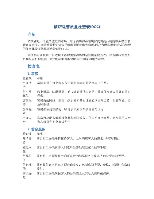 酒店运营质量检查表(DOC)