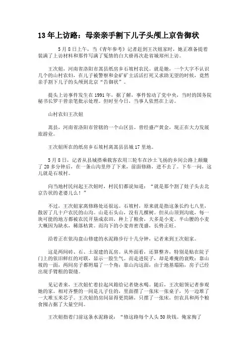 13年上访路：母亲亲手割下儿子头颅上京告御状