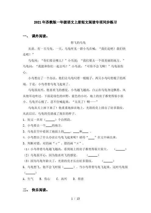 2021年苏教版一年级语文上册短文阅读专项同步练习
