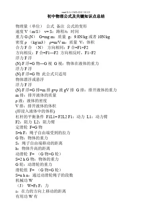 初中物理公式大全及关键知识点总结