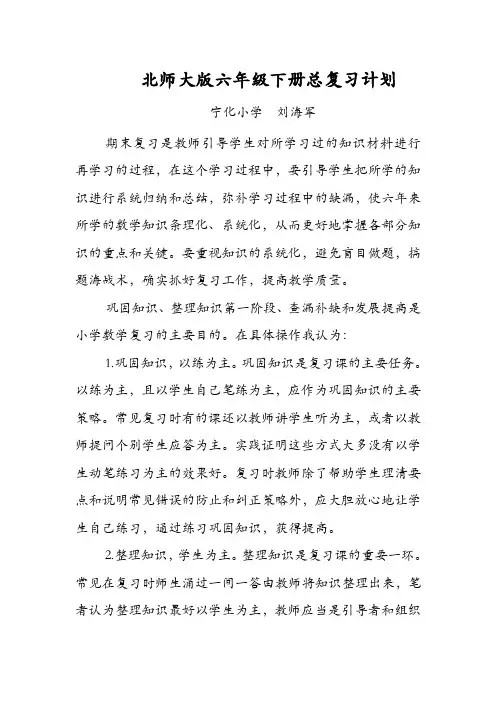 北师大版六年级下册总复习计划