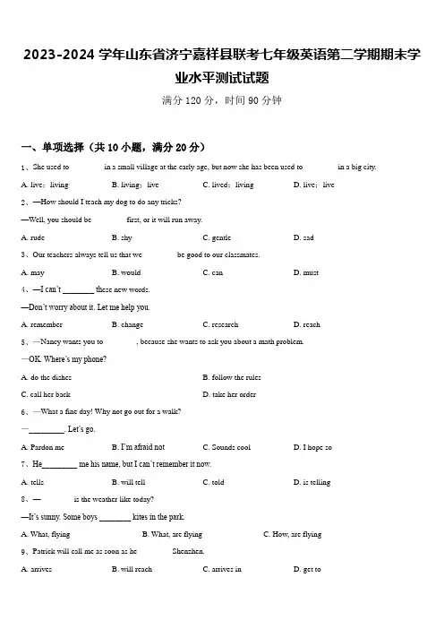 2023-2024学年山东省济宁嘉祥县联考七年级英语第二学期期末学业水平测试试题含答案