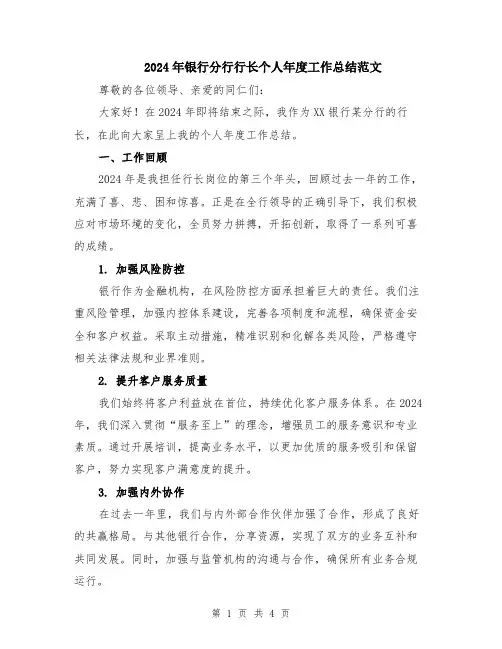 2024年银行分行行长个人年度工作总结范文