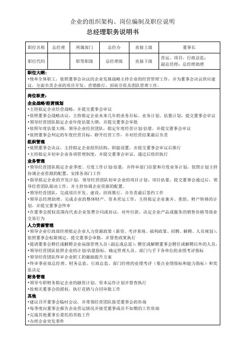 公司的组织架构、岗位编制及职位说明