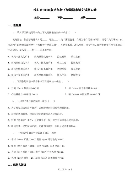 沈阳市2020版八年级下学期期末语文试题A卷