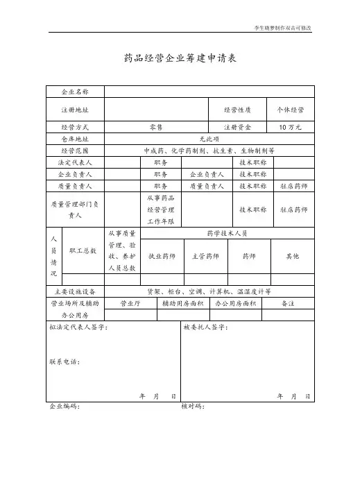 药品经营企业筹建申请表格