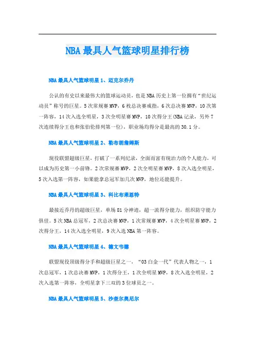 NBA最具人气篮球明星排行榜