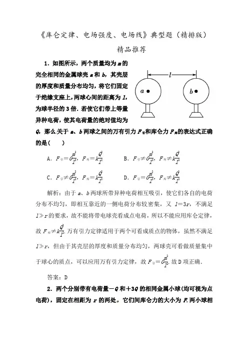 小题狂练高中物理选修3-1电场《库仑定律、电场强度、电场线》典型题精排版(含答案)