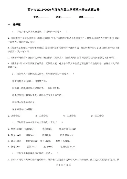 西宁市2019-2020年度九年级上学期期末语文试题A卷