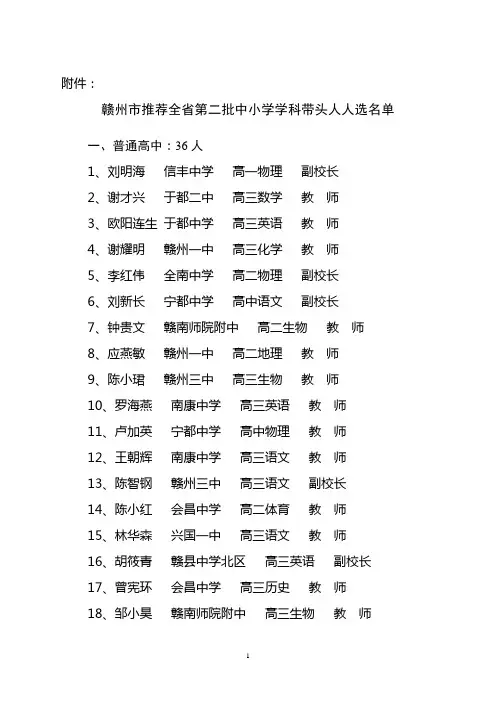 赣州市推荐全省第二批中小学学科带头人人选名单