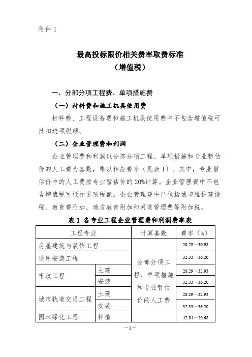 1、 最高投标限价相关费率取费标准(增值税)
