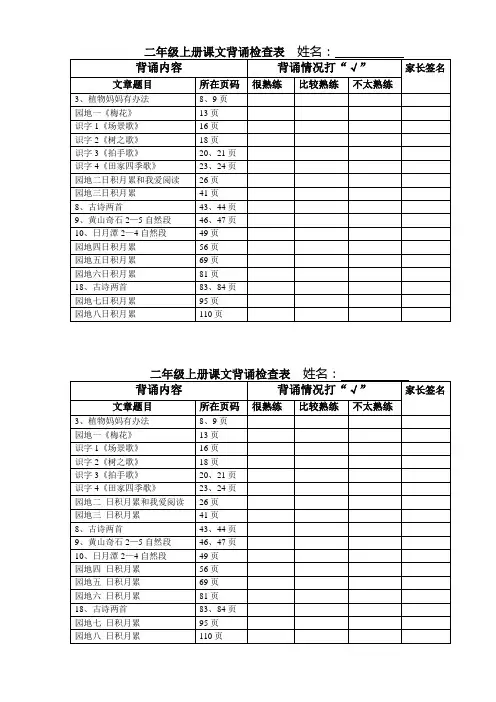 部编版语文二年级上册二上课文背诵检查表