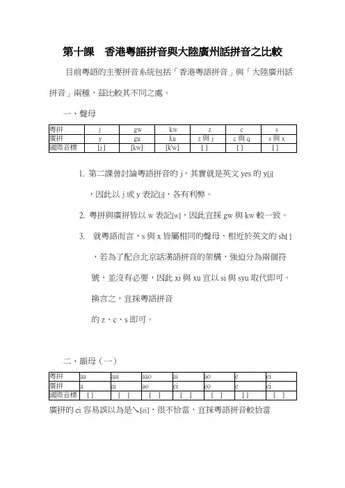 香港粤语拼音与大陆广州话拼音之比较