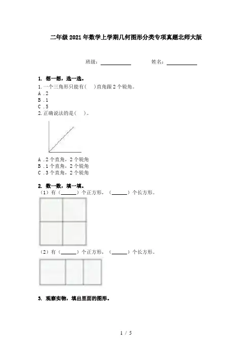 二年级2021年数学上学期几何图形分类专项真题北师大版