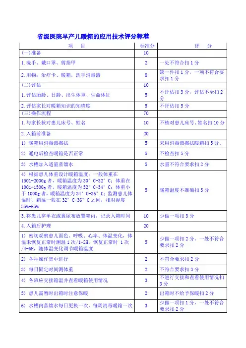 省级医院早产儿暖箱的应用技术评分标准