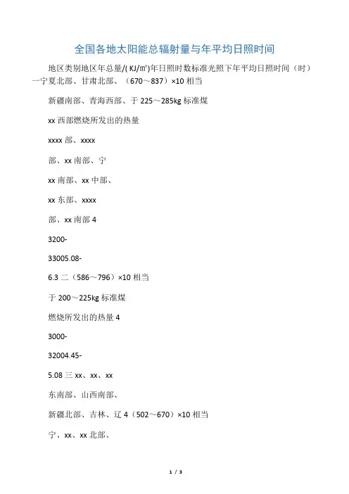 全国各地太阳能总辐射量与年平均日照时间