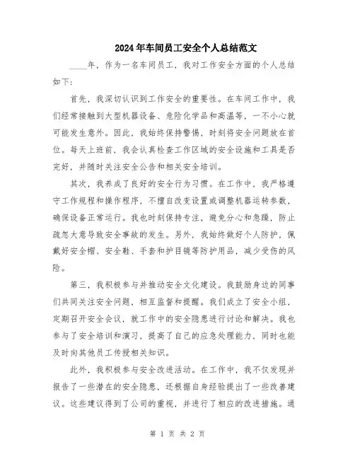 2024年车间员工安全个人总结范文