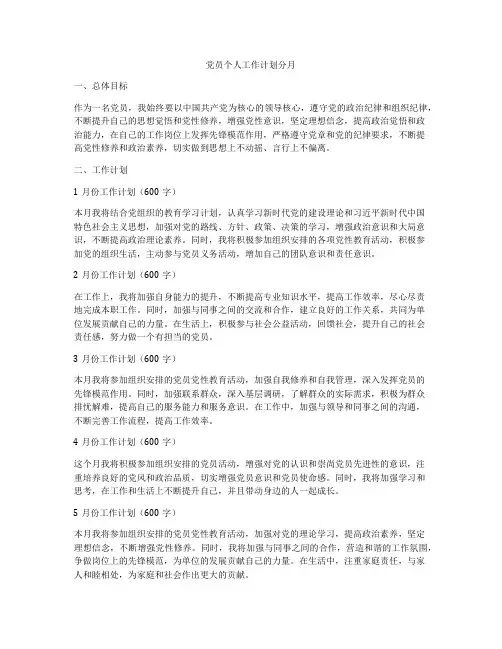 党员个人工作计划分月