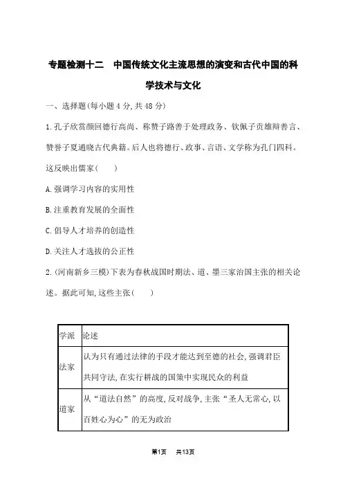 人民版高考历史总复习一轮总复习专题检测卷十二 中国传统文化主流思想的演变和古代中国的科学技术与文化