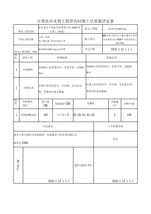小型农田水利工程管沟回填工序质量评定表
