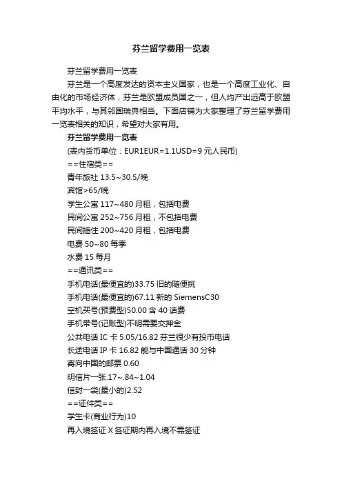 芬兰留学费用一览表